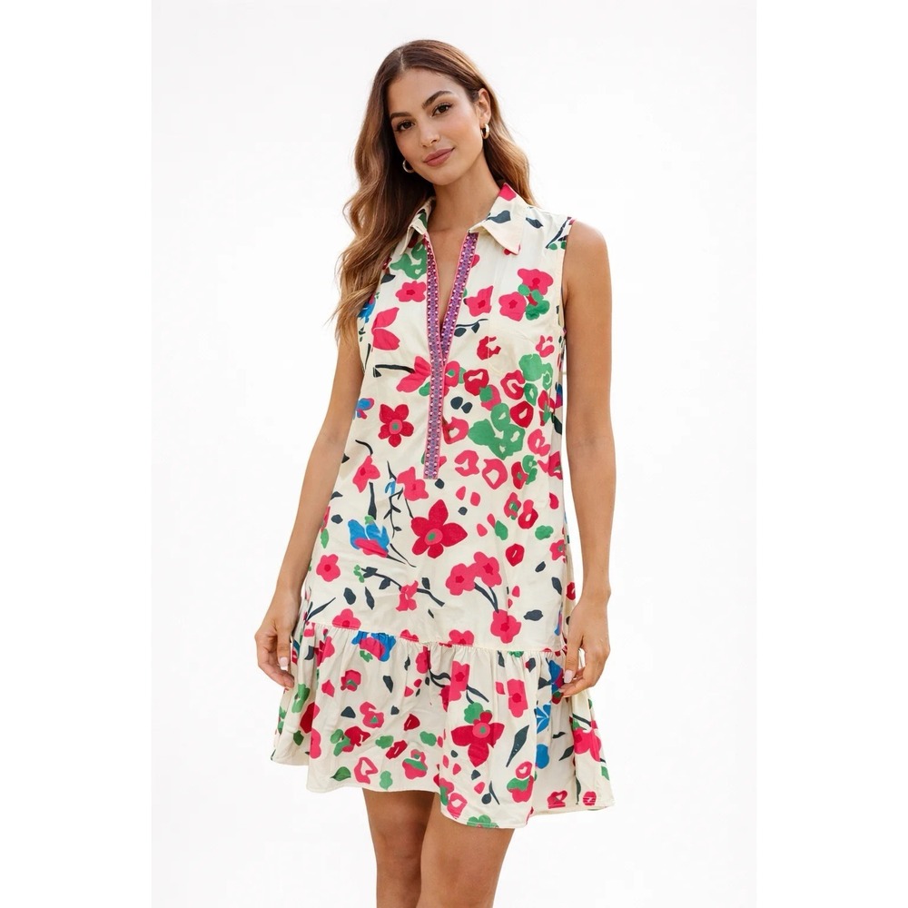 Maude Vivante Pink Tropics Luna Dress Mini MD-2600 Sleeveless Floral Pink Sz M